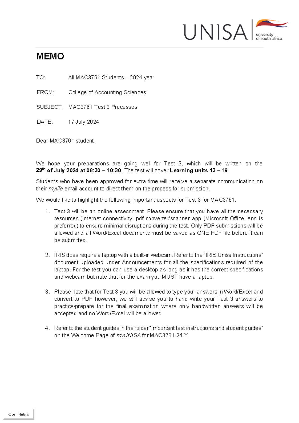 MAC3761 Test 3 Memo - Important Instructions & Guidelines - Studocu