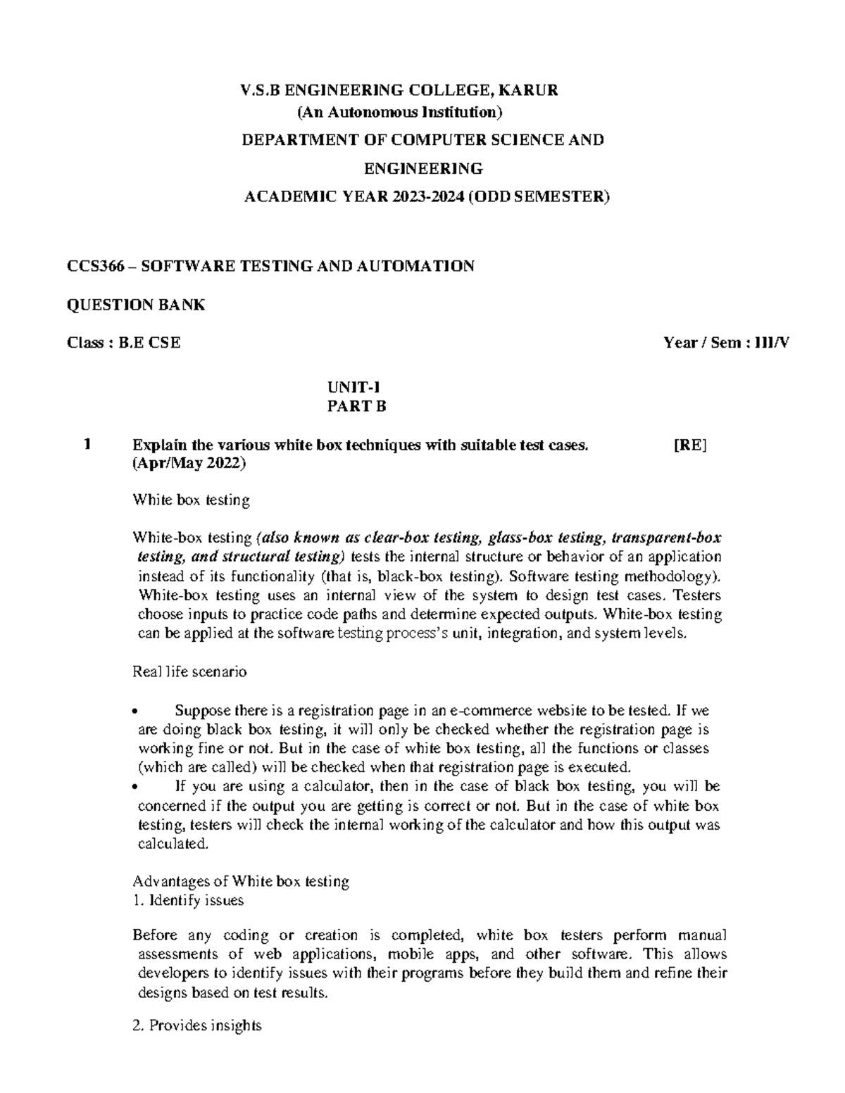 Part B CCS366 Software Testing & Automation Notes: White Box & Black ...