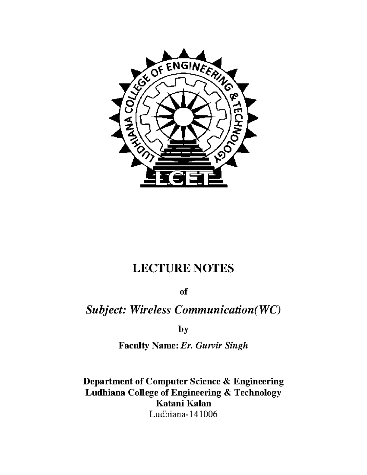 Wireless Communication (WC) Lecture Notes: Cellular Systems Overview ...