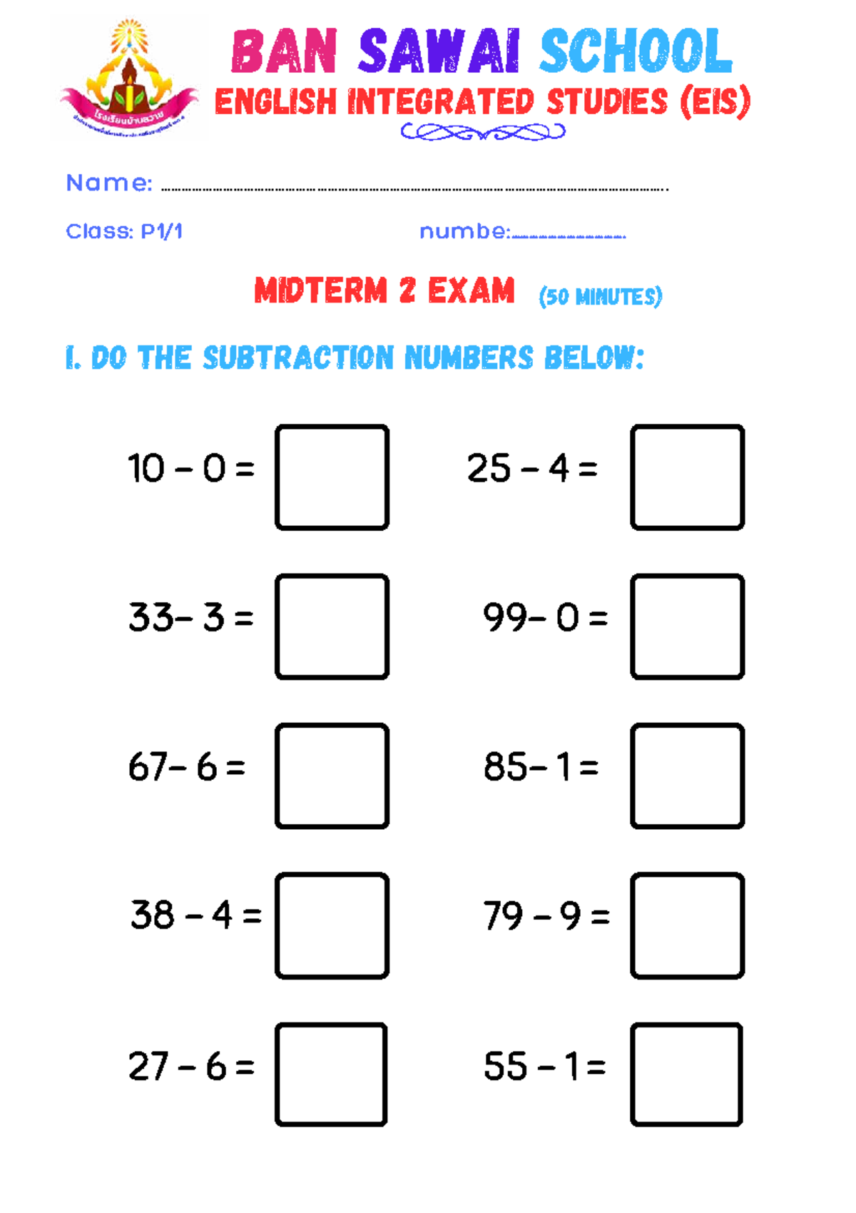 Ban Sawai School EIS Math P1 Midterm 2 Exam Review (50 min) - Studocu
