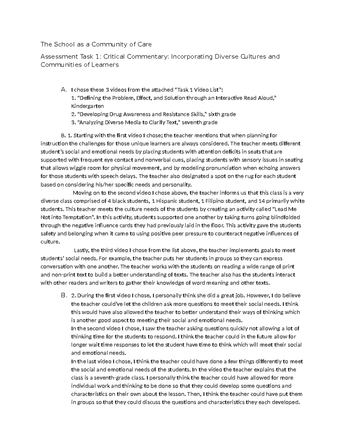 Assessment Task 1: Critical Commentary on Diverse Learners - Studocu