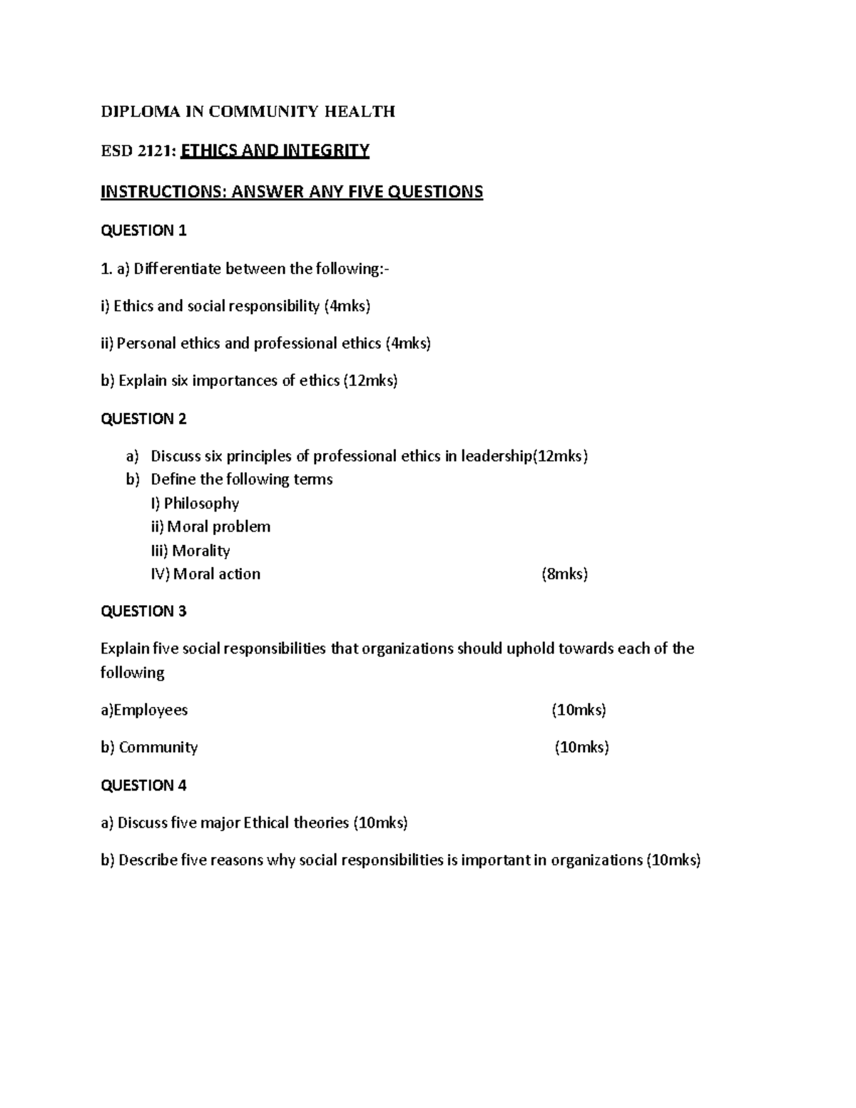 ESD 2121: Ethics and Integrity - Question Paper with Answers - Studocu
