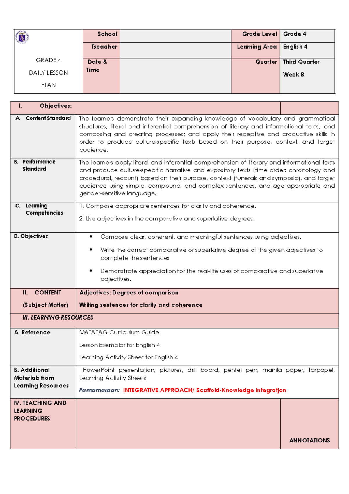 COT DLP English 4 Q3 W8 - Lesson Plan on Adjectives - Studocu