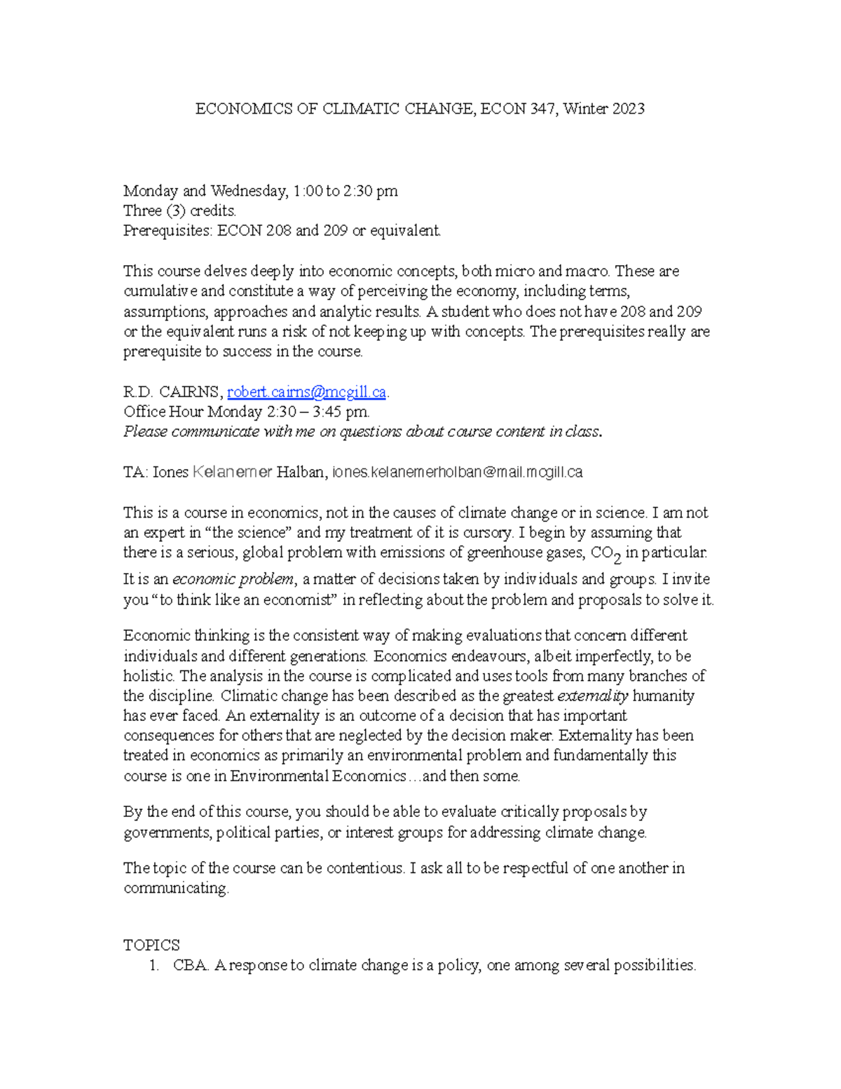 ECON 347 Winter 2023: Outline of Economics of Climate Change Course ...