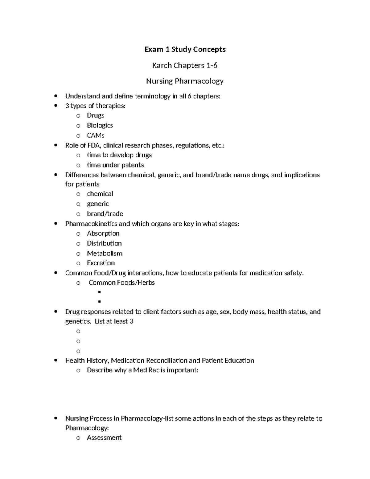 Nursing Pharmacology Exam 1 Study Concepts: Karch Ch 1-6 - Studocu