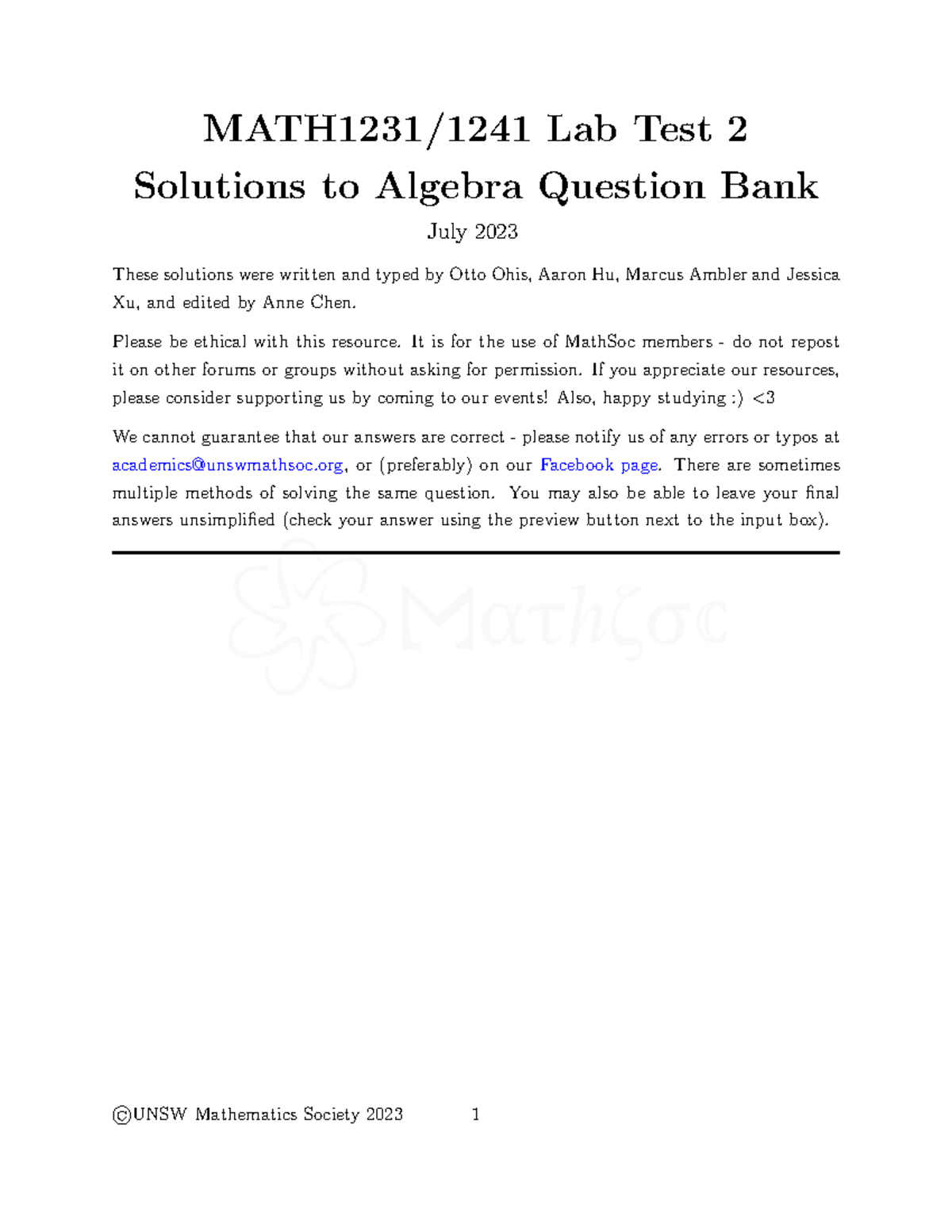 MATH1231 1241 Lab Test 2 Solutions for Algebra Questions - Studocu