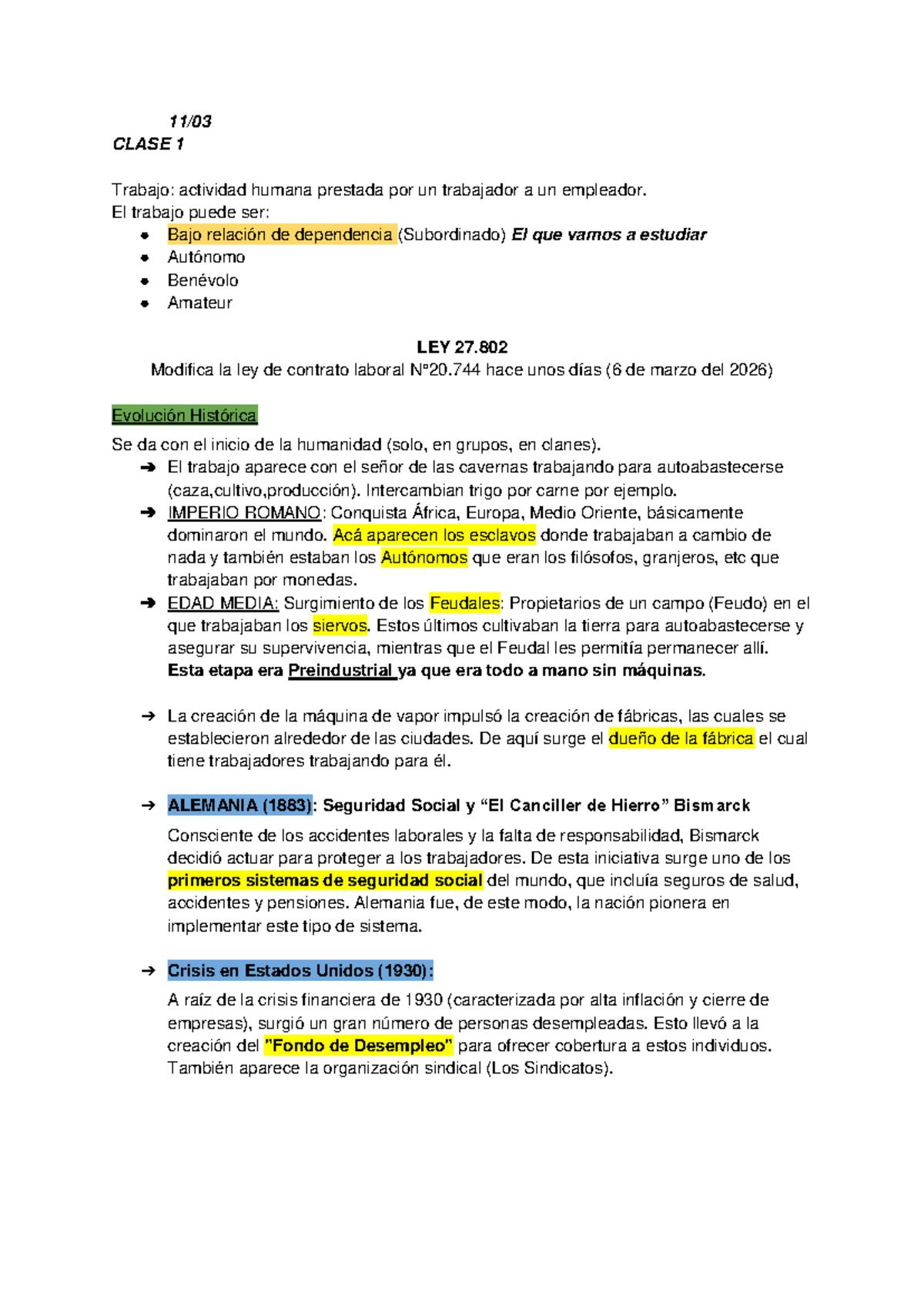 CLASE 1: Evolución Histórica y Conceptos del Derecho Laboral - Studocu