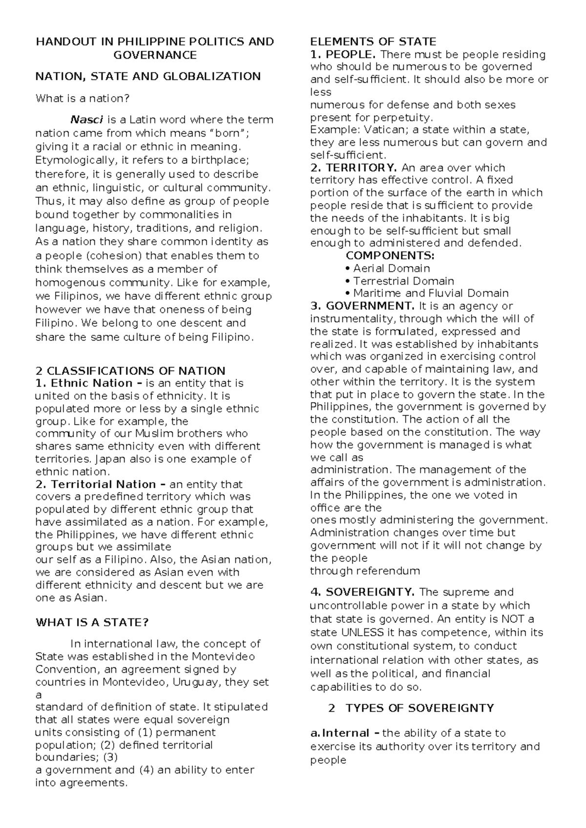 HPPG Handout: Understanding Nations, States, and Globalization - Studocu