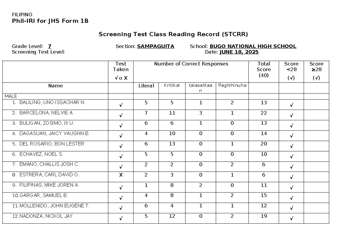 FILIPINO for JHS Form 1B Screening Test Reading Record - Studocu