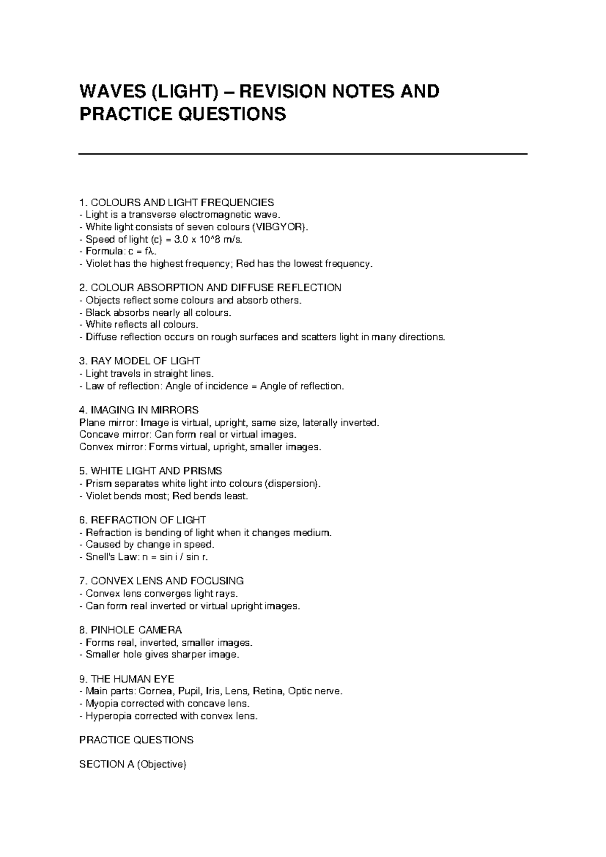 WAVES (LIGHT) REVISION NOTES: KEY CONCEPTS & PRACTICE Qs - Studocu