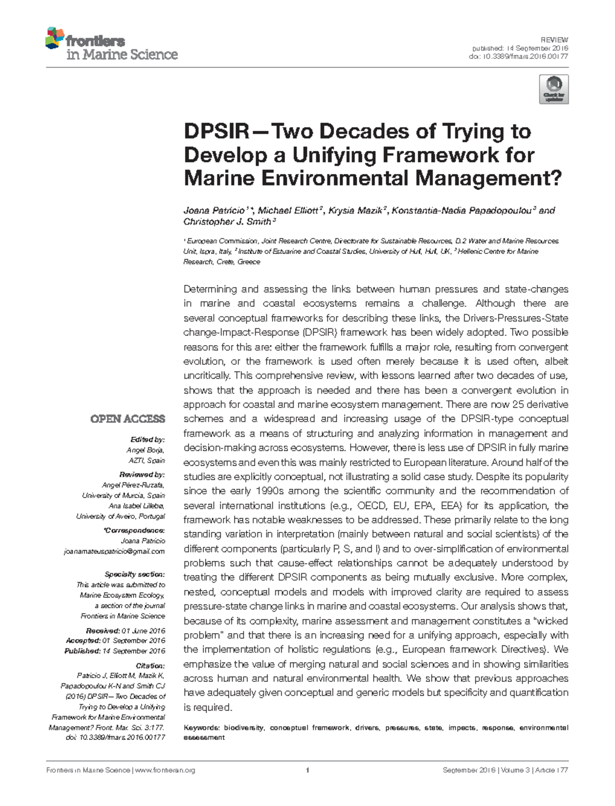 DPSIR: Two Decades of Developing a Unifying Framework for Marine ...