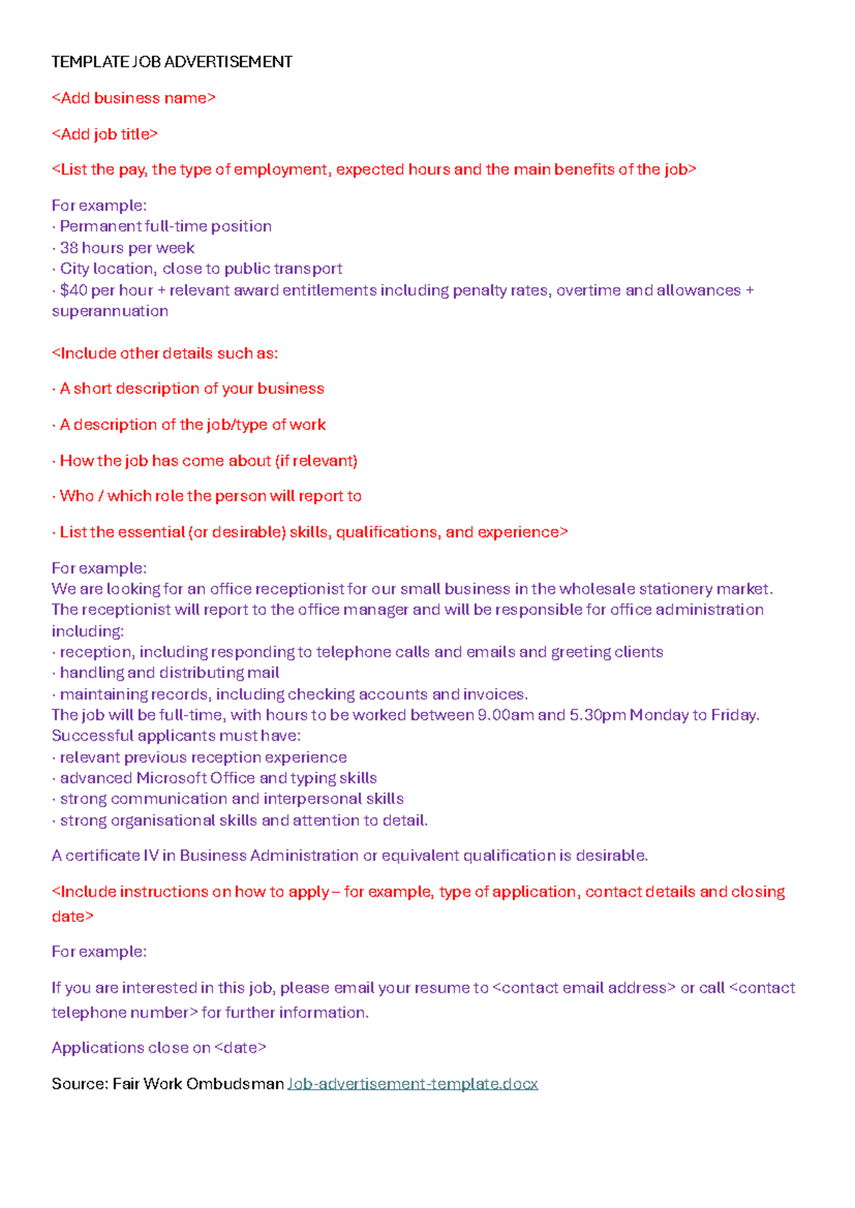 Fair Work Job Ad Template - TEMPLATE JOB ADVERTISEMENT