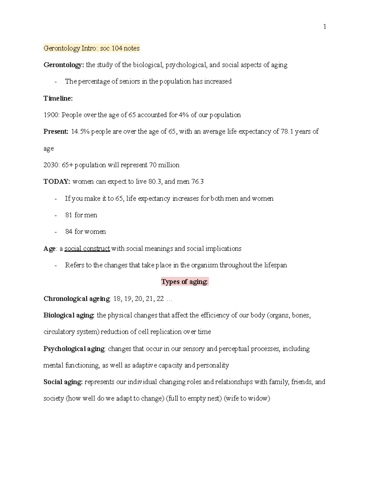 SOC 104: Gerontology Overview and Aging Theories Notes - Studocu