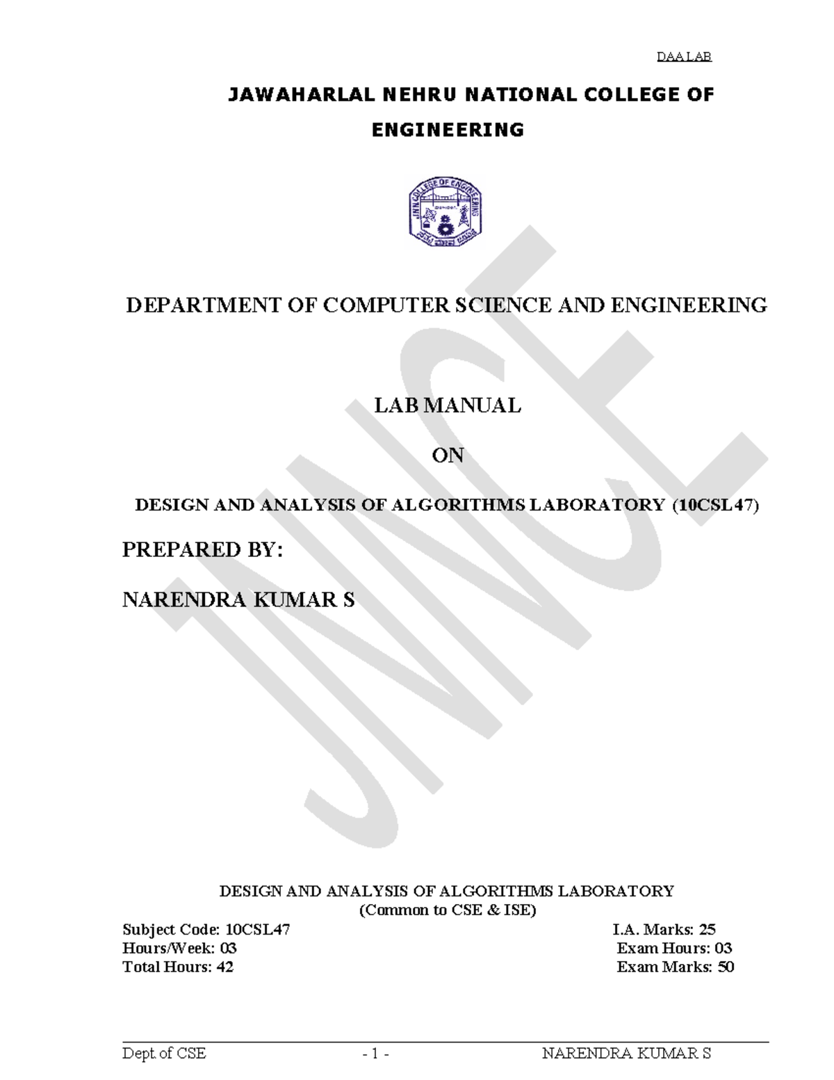 DAA Lab Manual (10CSL47) - Algorithms Implementation and Experiments ...