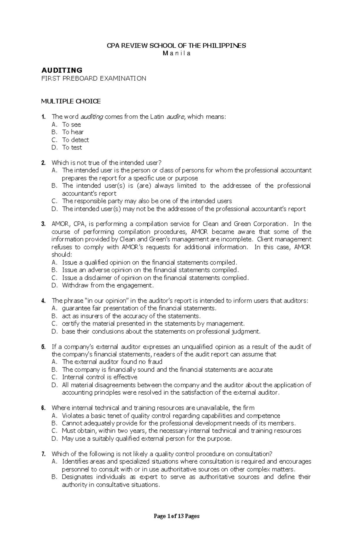 CPAR 1st Preboard Exam Notes – Auditing Multiple Choice Questions - Studocu