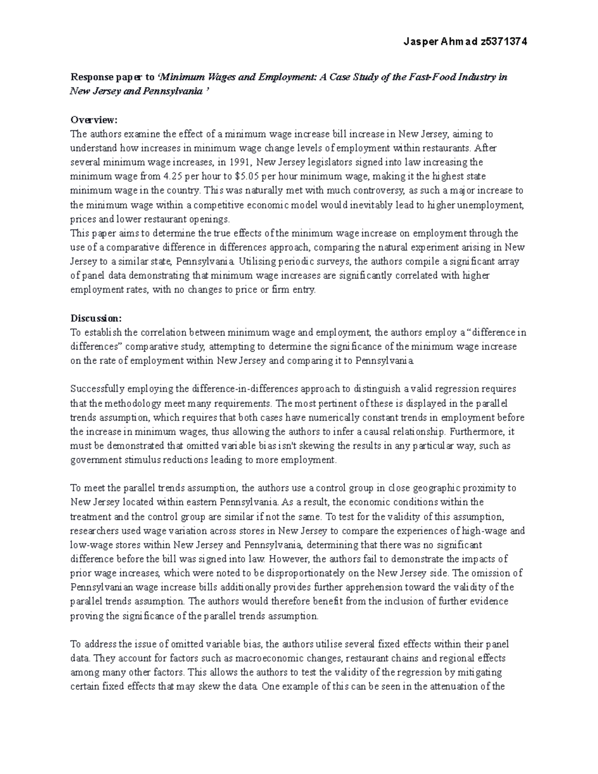 Response Paper 2 - HD: Minimum Wages & Employment in NJ vs PA - Studocu