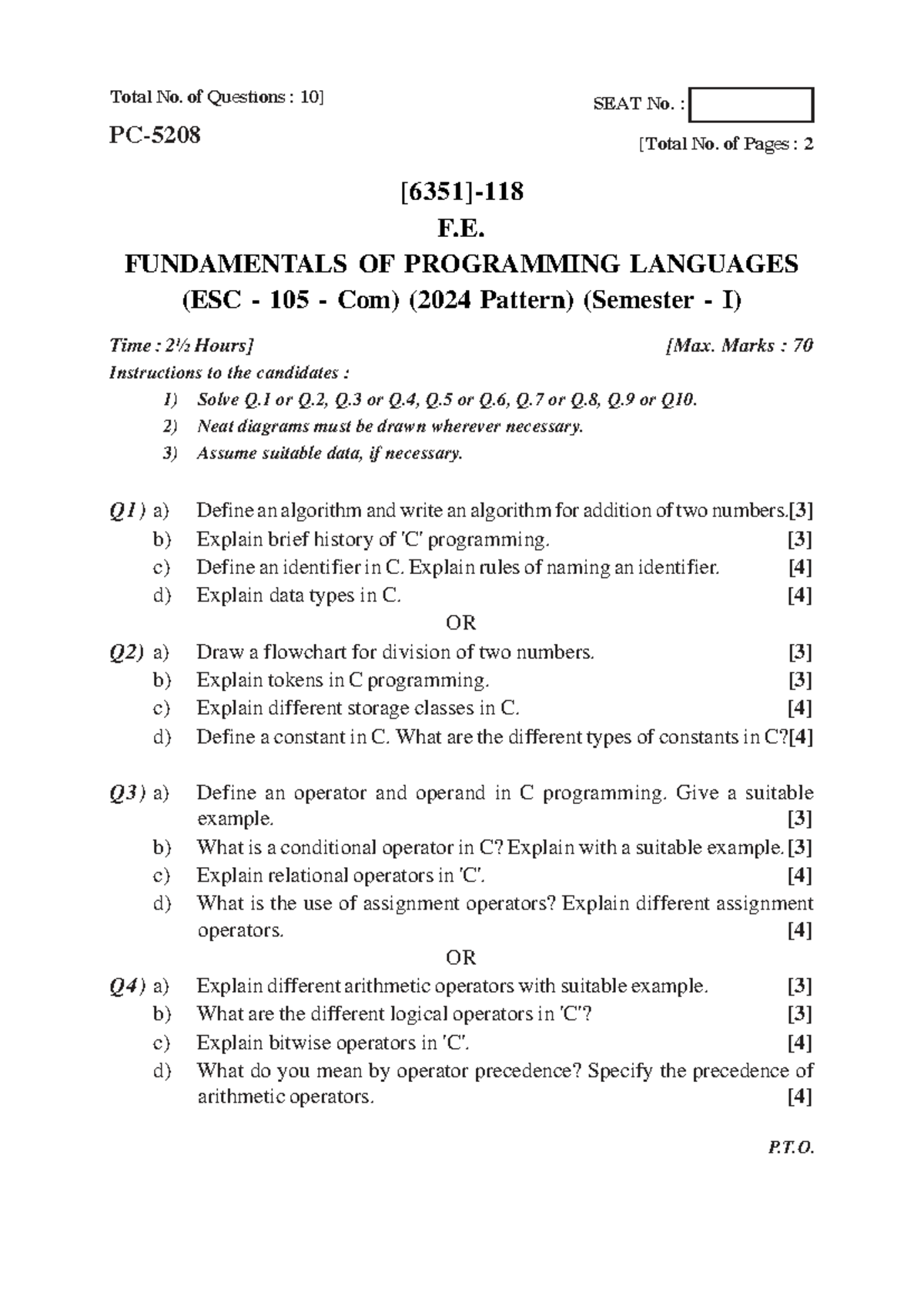 F.E. FUNDAMENTALS OF PROGRAMMING LANGUAGES (ESC 105 Com) Midterm Exam ...
