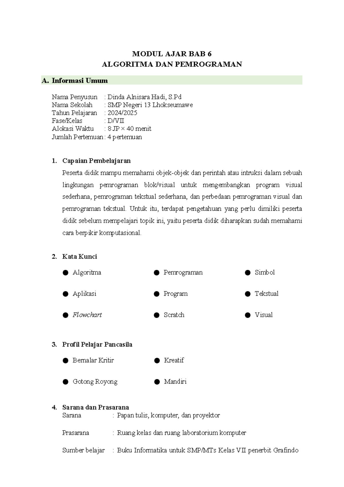 Modul Ajar Bab 6: Algoritma dan Pemrograman untuk Kelas VII - Studocu