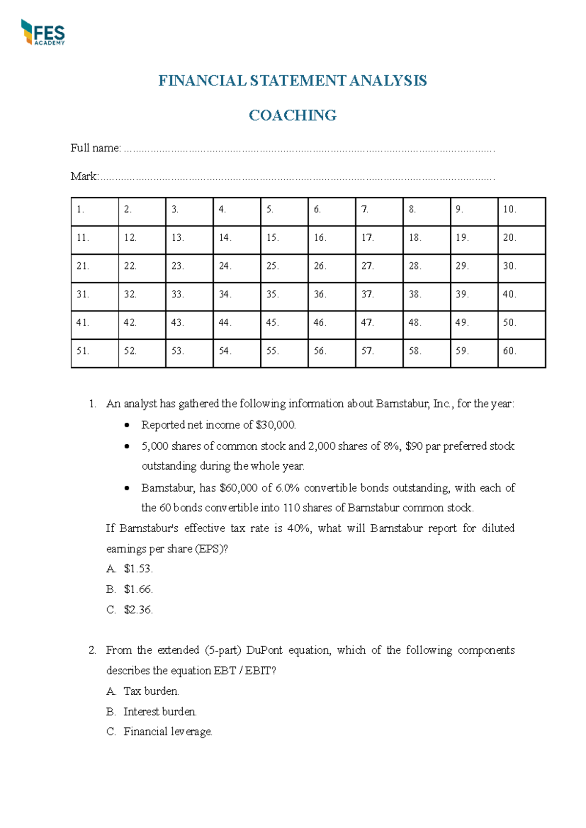 FIN 301: Financial Statement Analysis Coaching Notes - Studocu
