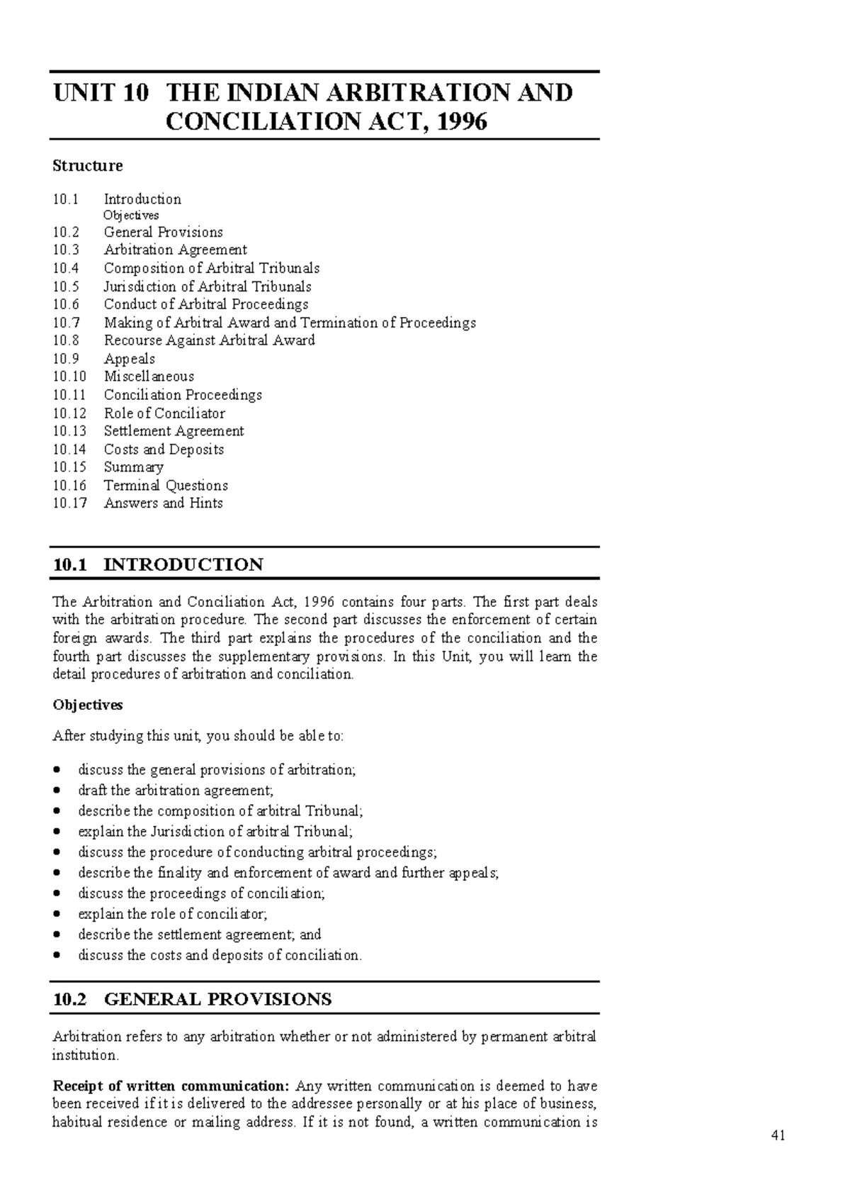 Unit 10: The Indian Arbitration and Conciliation Act, 1996 ...