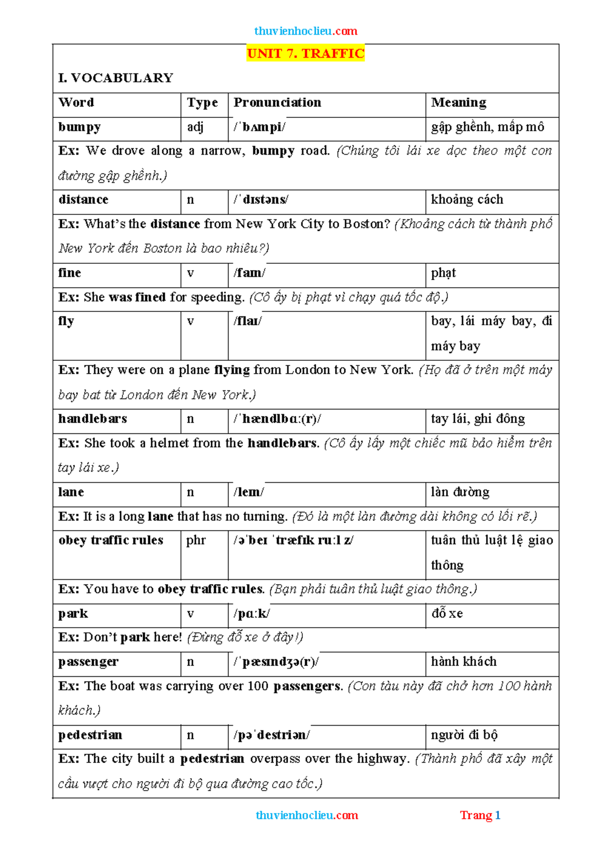 UNIT 7: TRAFFIC VOCABULARY & GRAMMAR NOTES (ENG 101) - Studocu