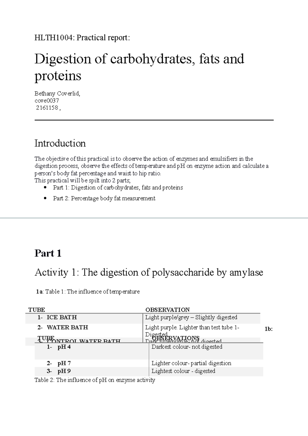 HLTH1004 prac BF% and digestion - HLTH1004: Practical report: Digestion ...