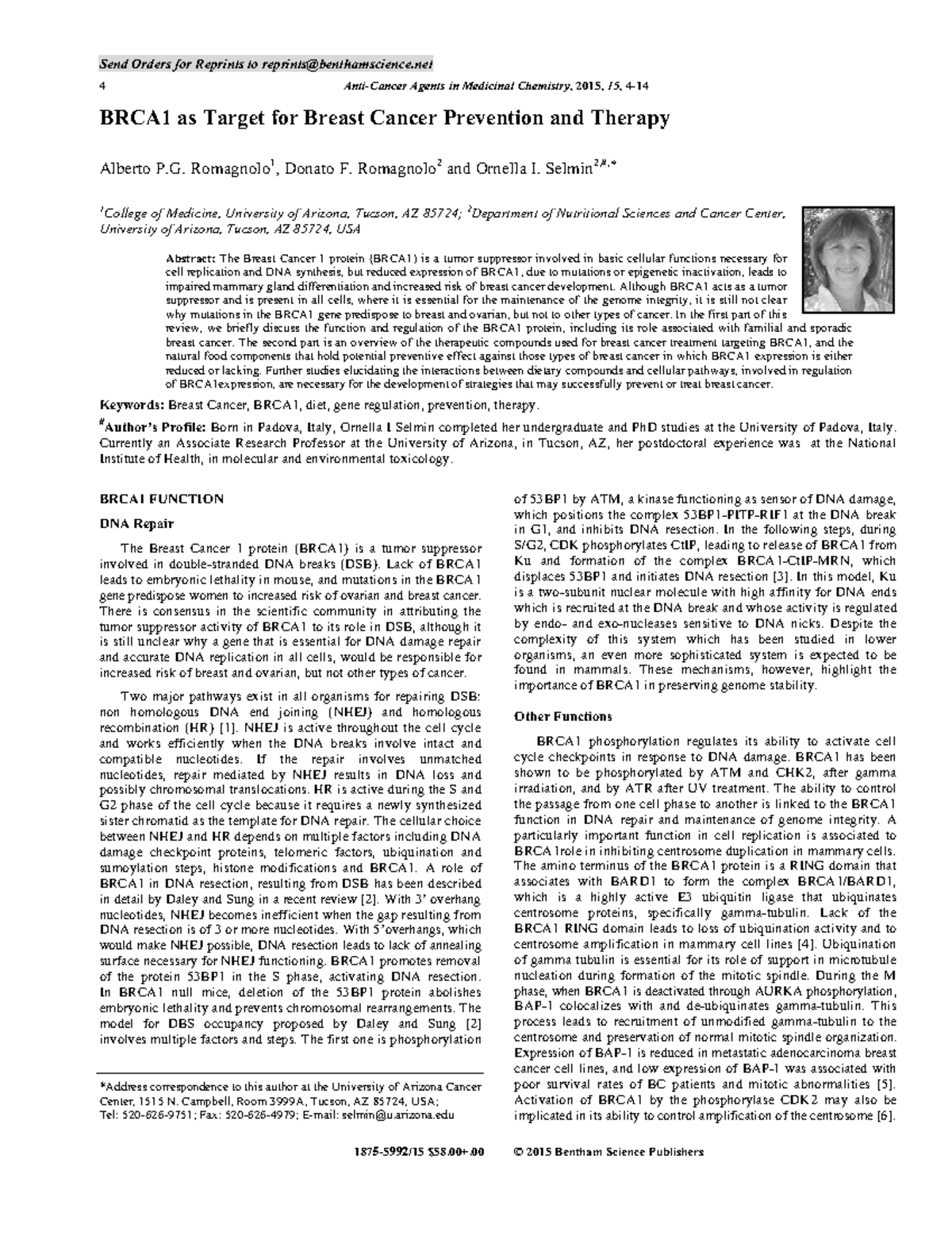 BRCA1 as a Target for Breast Cancer Prevention and Therapy (MEDC 2015 ...