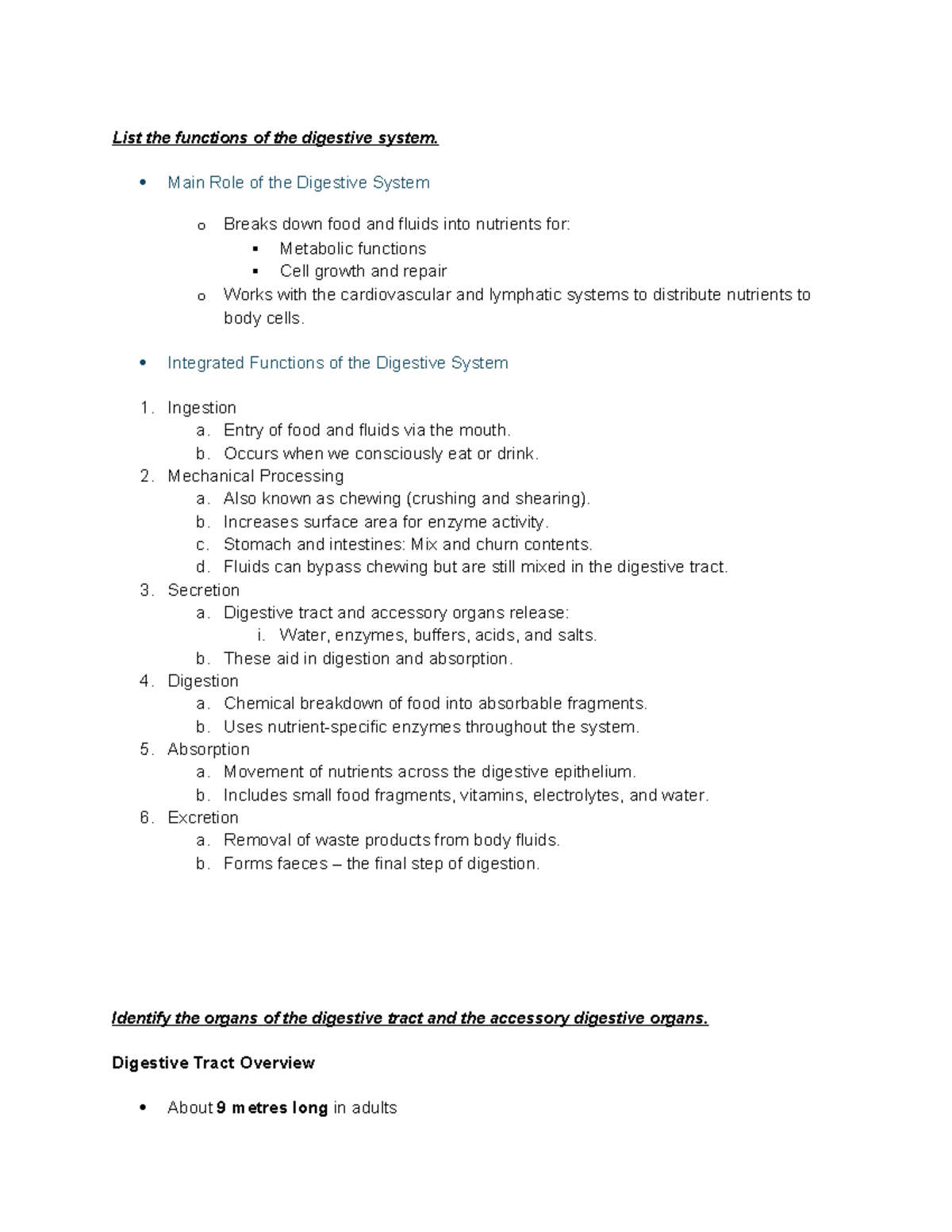 L10 - Functions and Anatomy of the Digestive System Study Notes - Studocu
