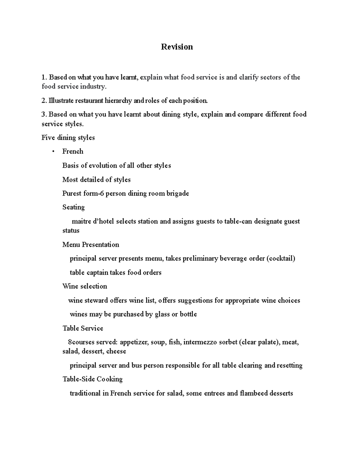 Food Service Industry Overview & Restaurant Roles - Revision 1 - Studocu