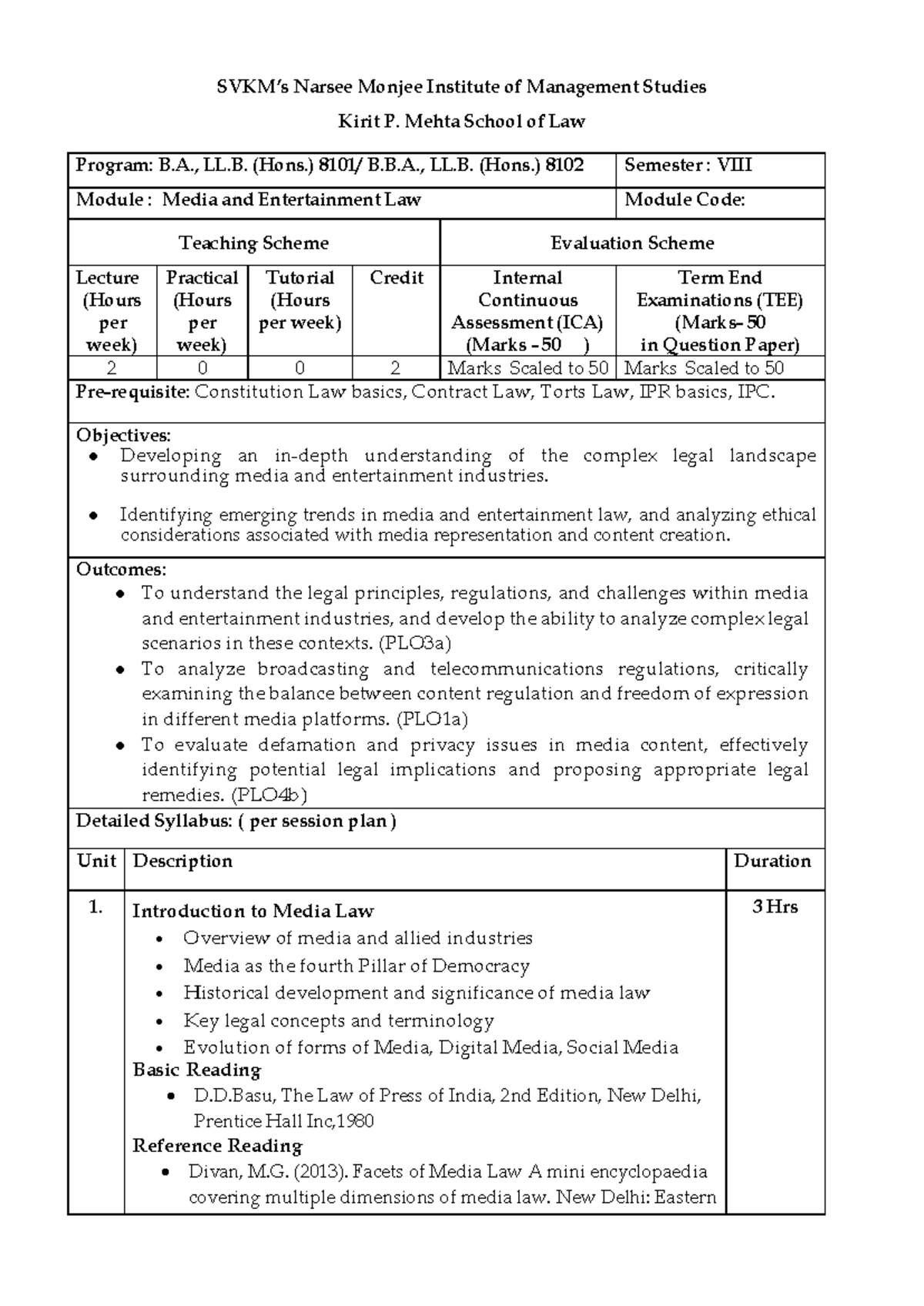 Comprehensive Syllabus for Media and Entertainment Law (Module 8101 ...
