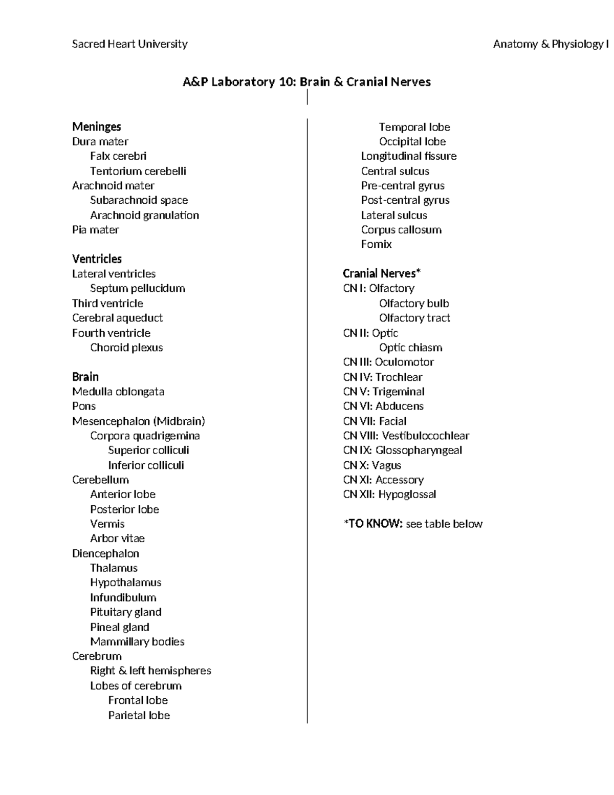4. Lab 10 Terms List - Sacred Heart University Anatomy & Physiology I A ...