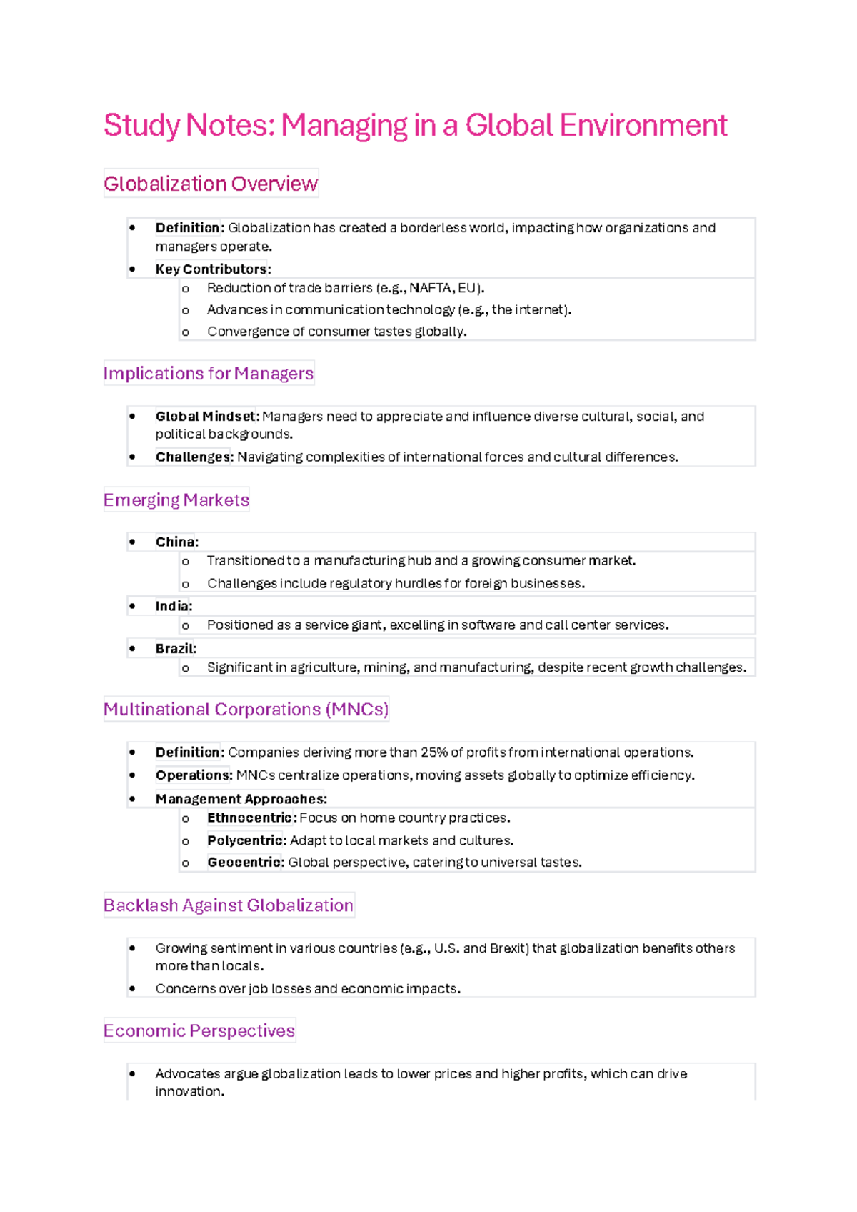 Managing in a global environment - Study Notes: Managing in a Global ...