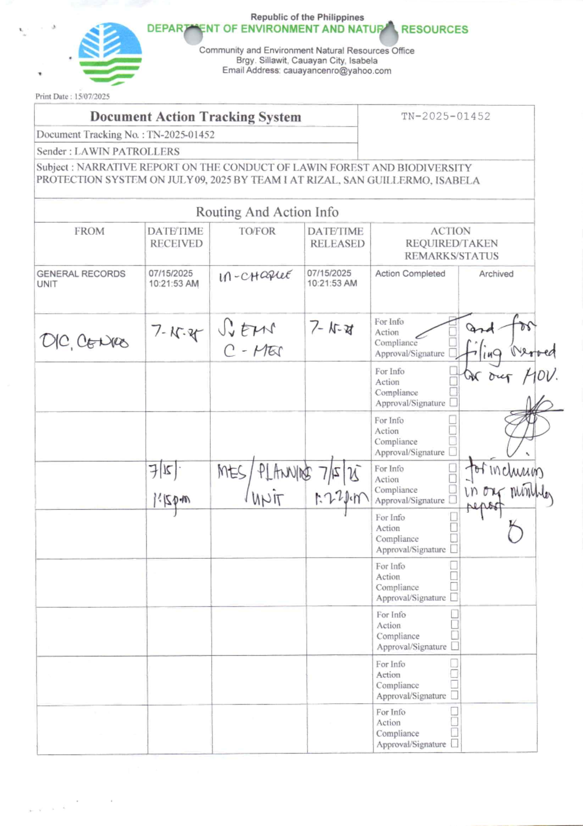 Narrative Report: LAWIN Forest & Biodiversity Patrol - Team I (July ...