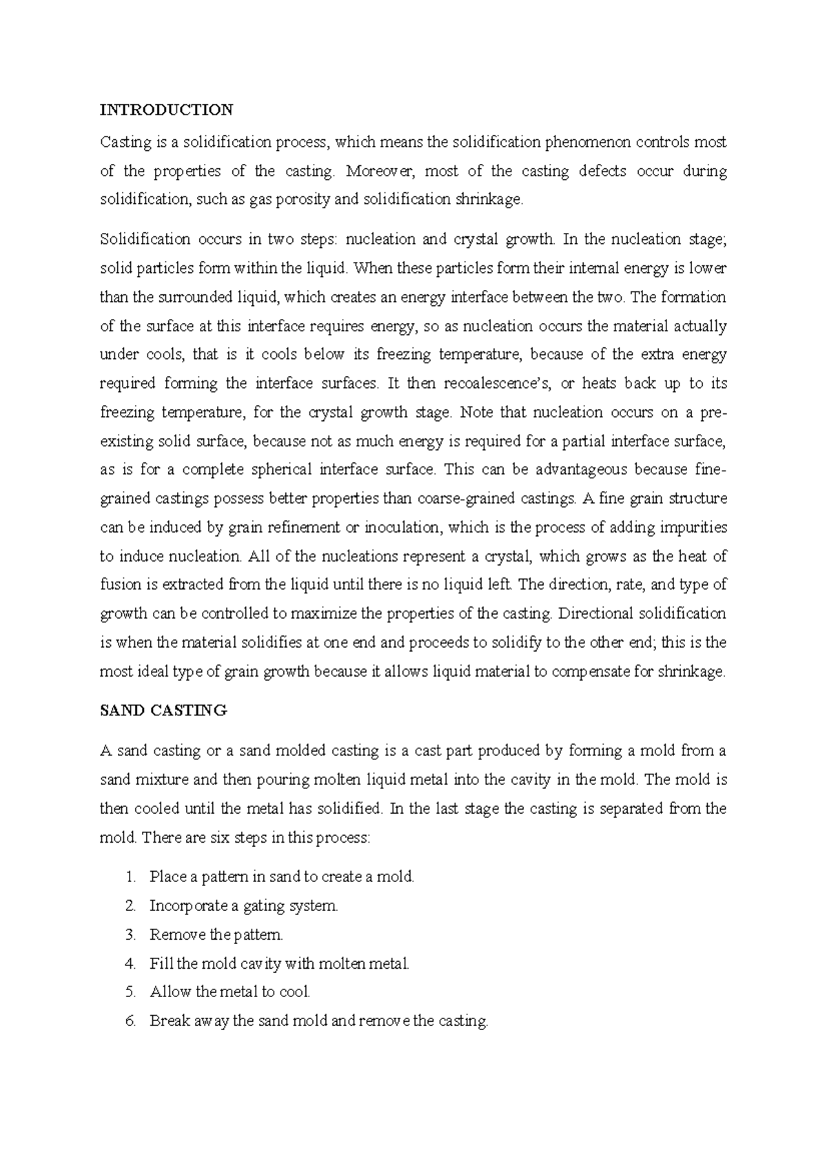 Manufacturing Lab Report: Sandcasting Process Overview and Analysis ...