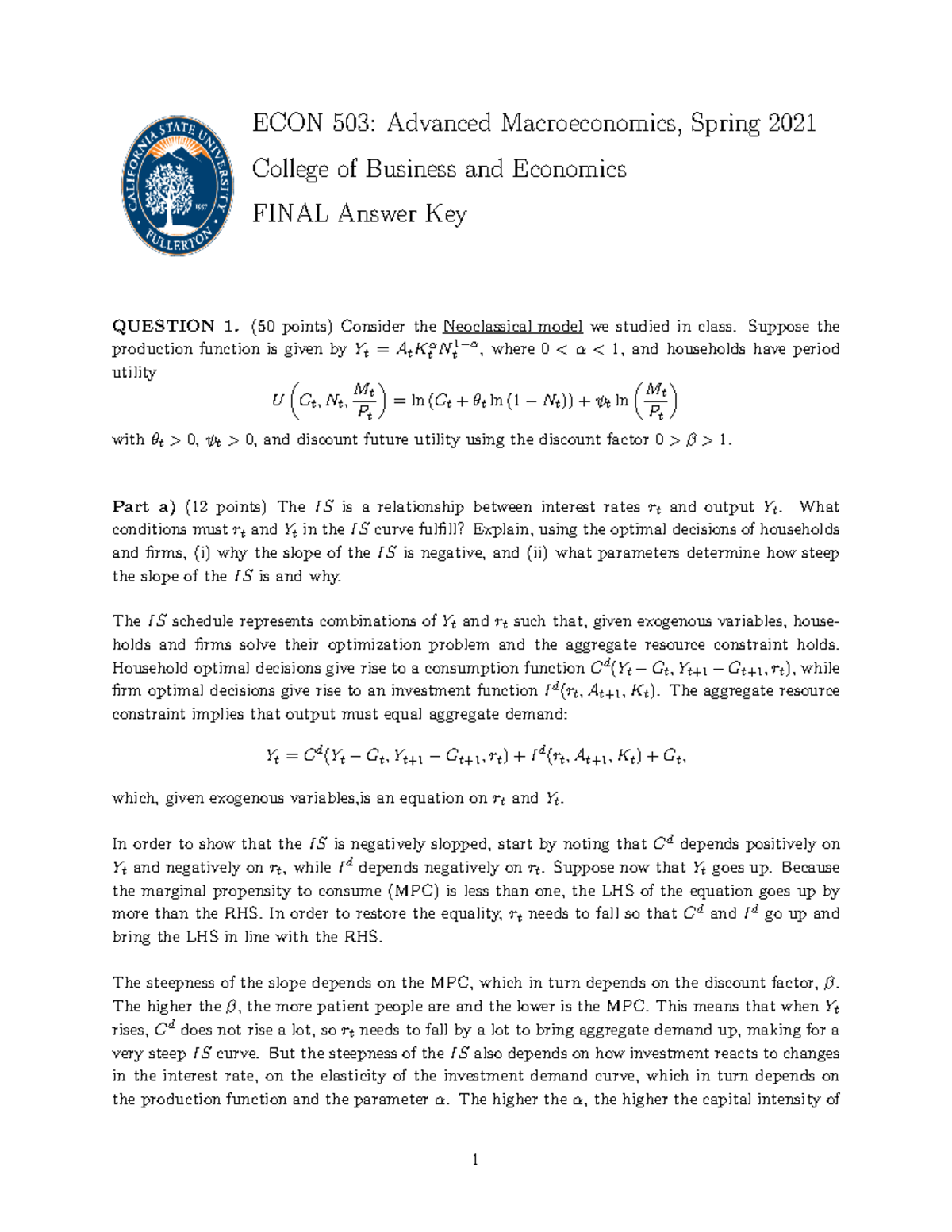 Final Answer Key for ECON 503: Advanced Macroeconomics Final Exam - Studocu