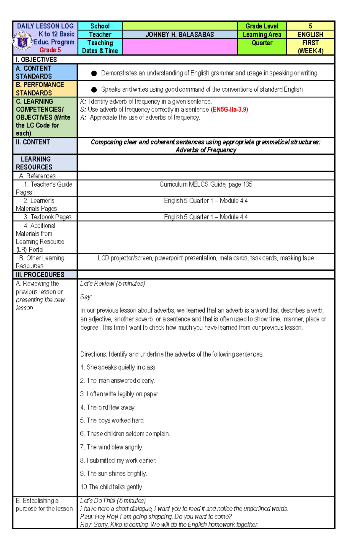 English 5 Q1 Lesson Plan: Adverbs of Frequency & Usage - Studocu