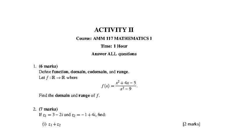 AMM 117 Mathematics I Activity II - Functions and Derivatives - Studocu