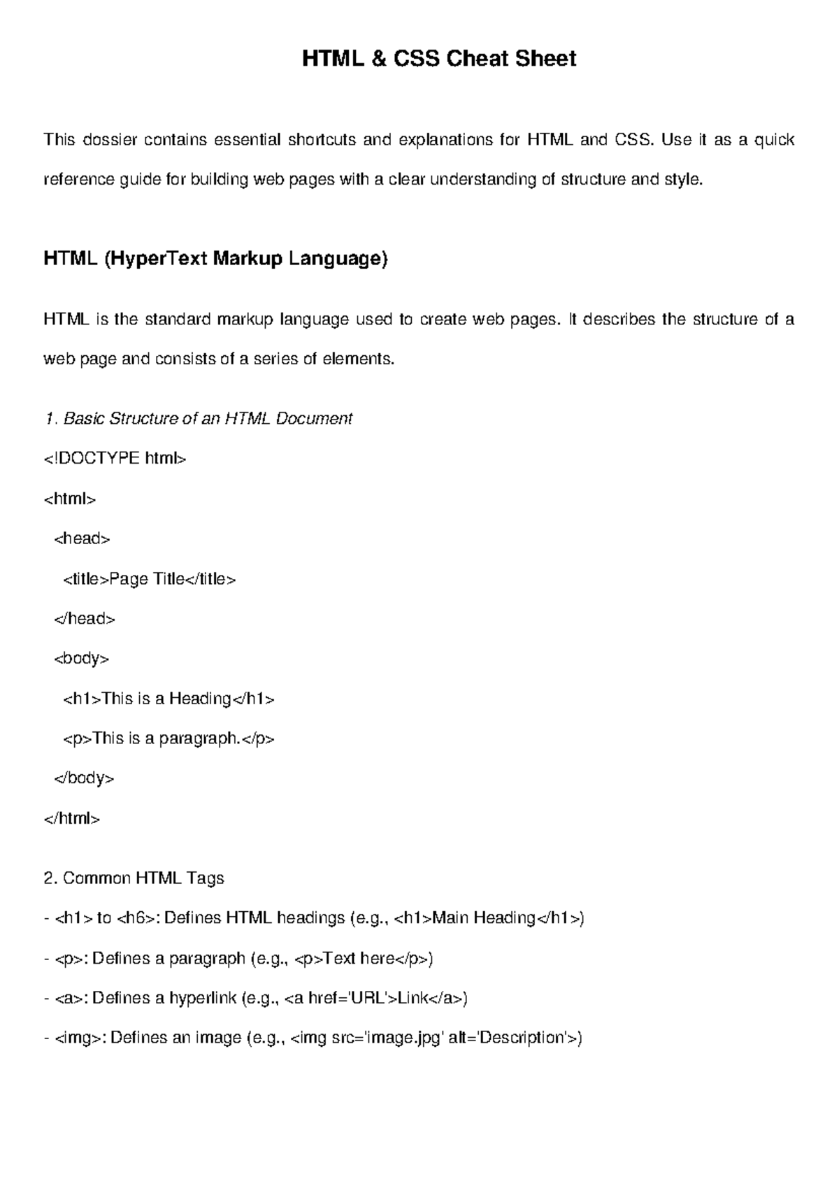 HTML & CSS Cheatsheet: Quick Guide to Essential Elements & Styles - Studocu