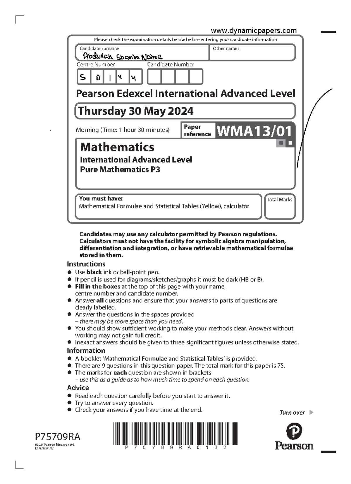 June 2024 IAL Mathematics P3 Exam Details and Solutions - Studocu