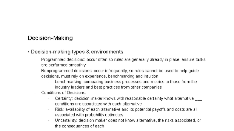 Commerce 1800 Decision Making - Key Concepts for Final Exam - Studocu