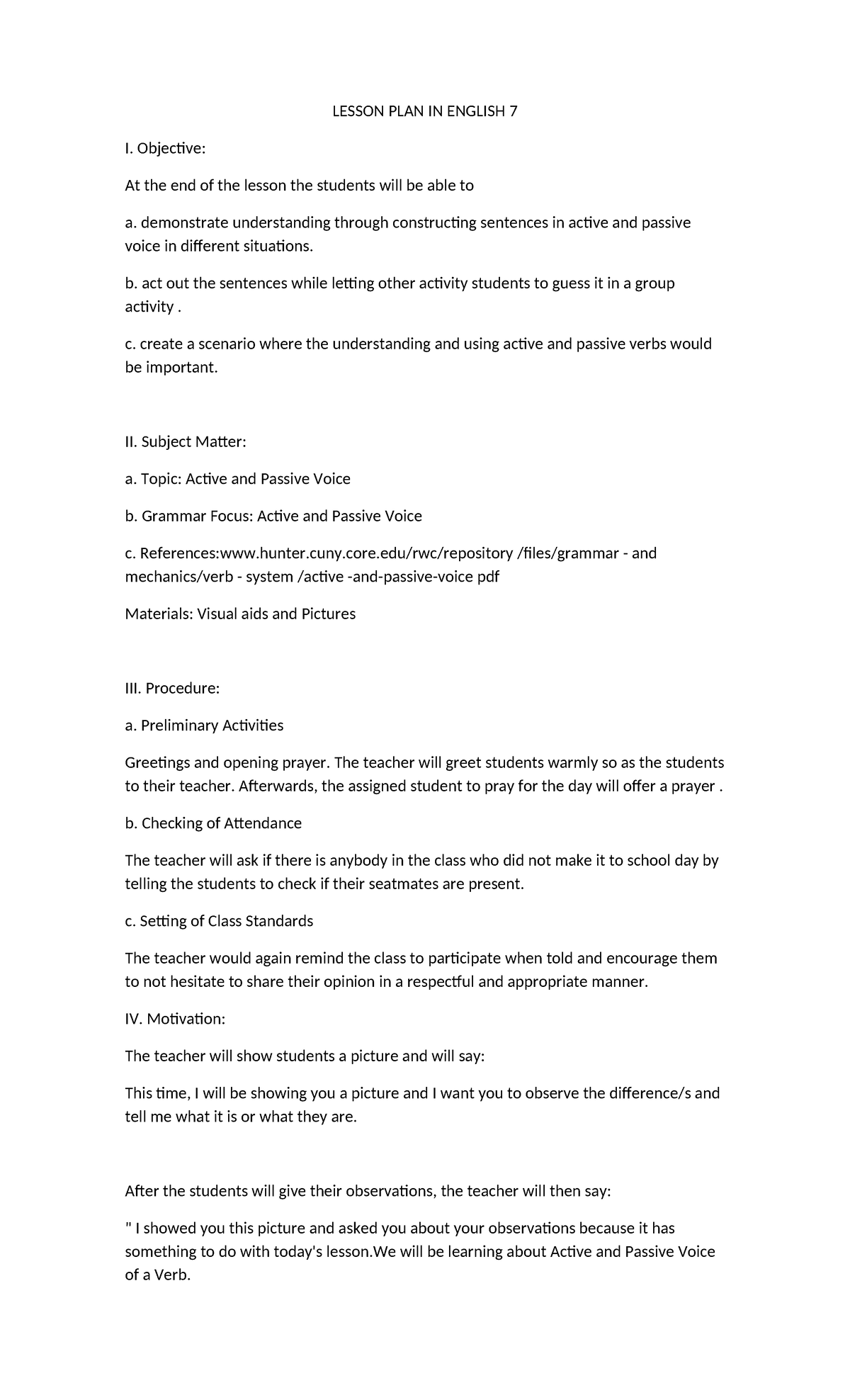 Lesson Plan: Active and Passive Voice for English 7 - Studocu