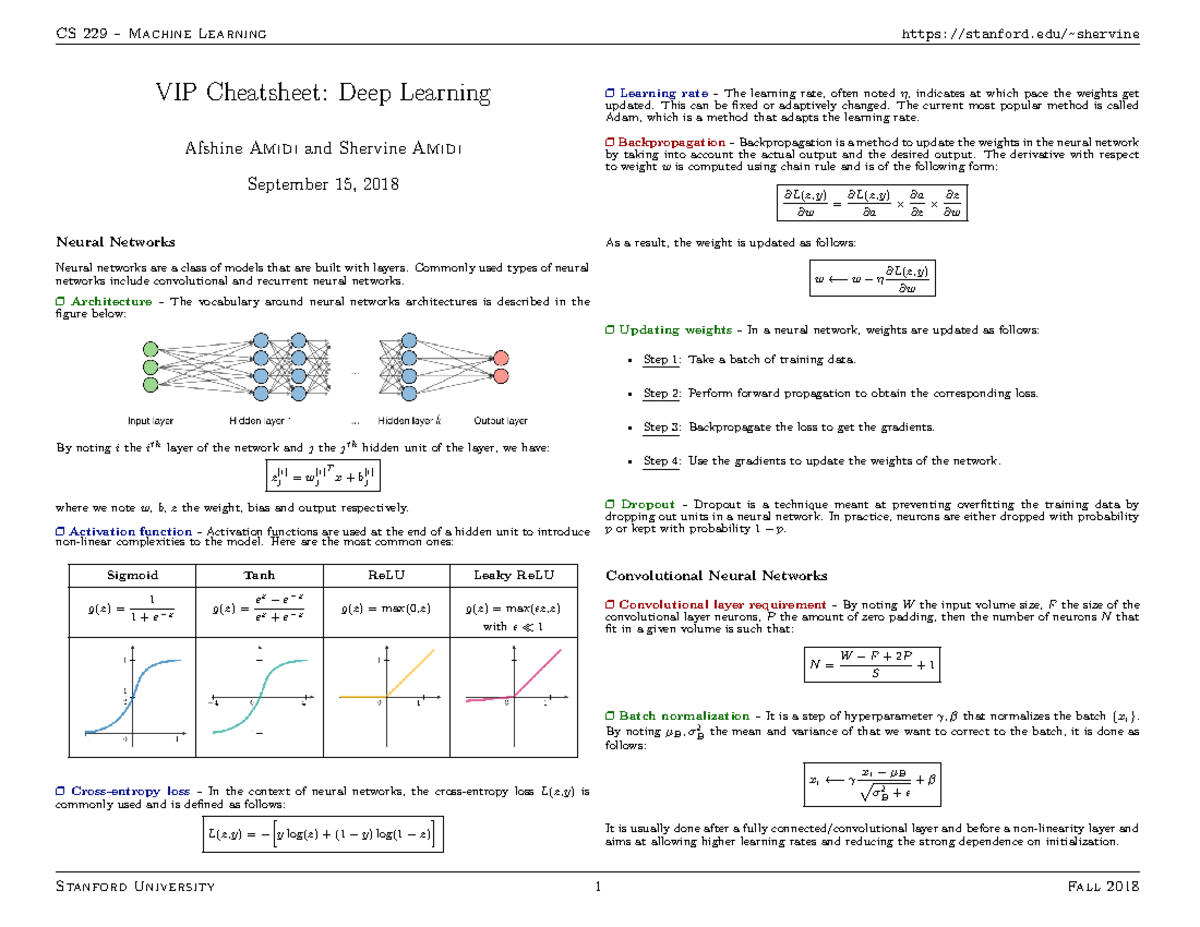 CS 229 Final Exam Cheatsheet: Deep Learning Concepts and Techniques ...