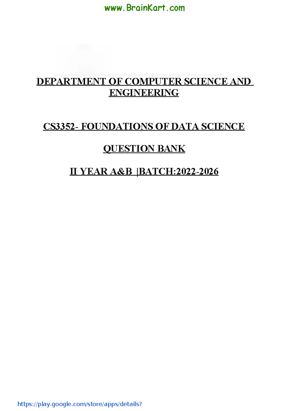 Foundations of Data Science - CS3352 - Question Bank & Key Concepts ...
