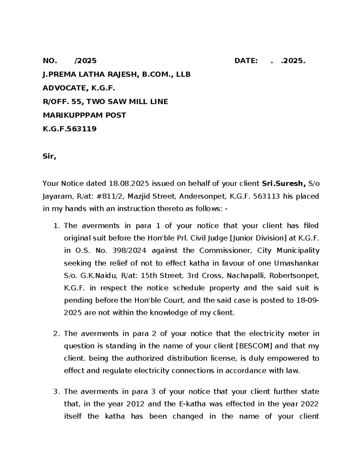 Reply Notice to Bescom - Drafting Guidelines - Studocu