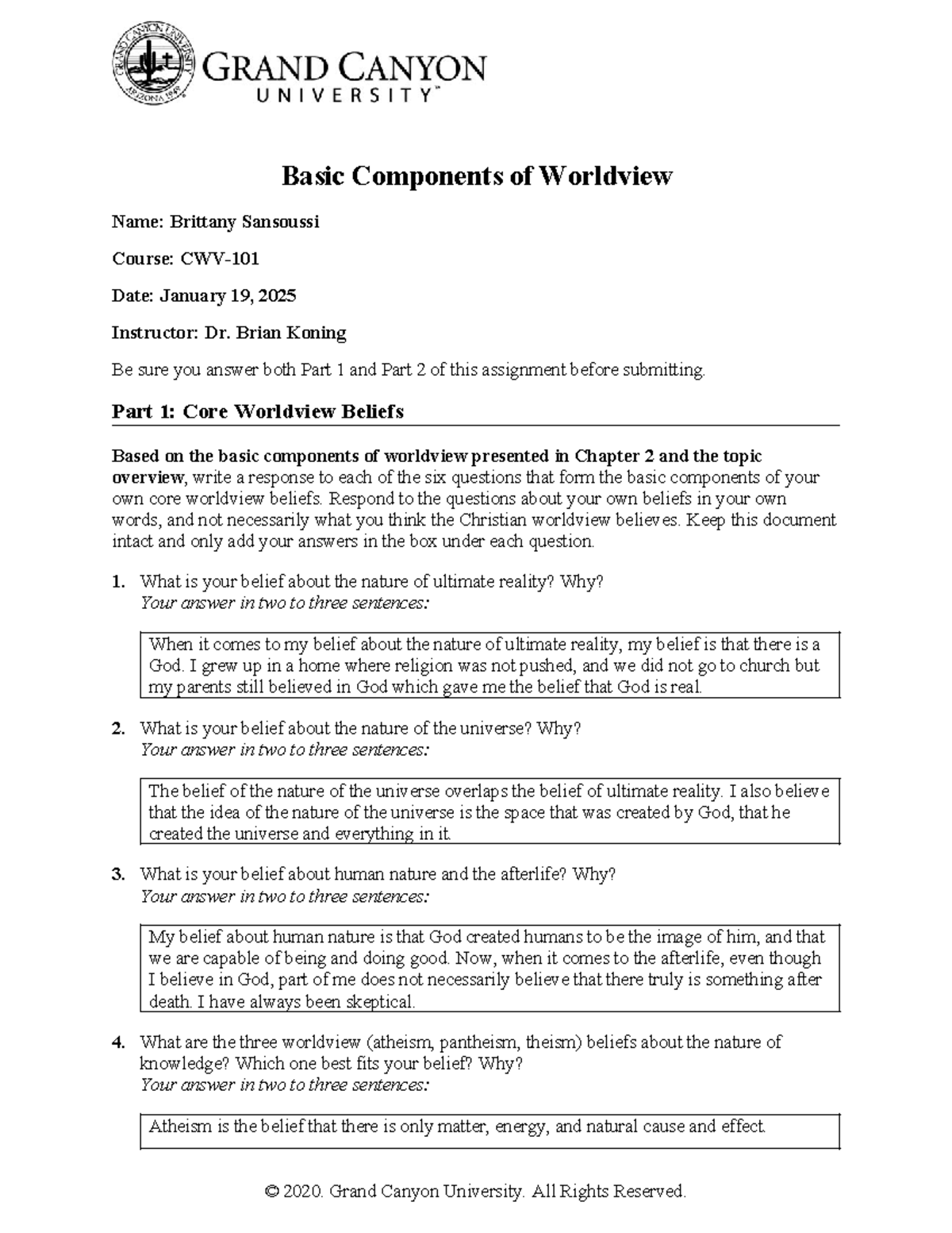 Worldview Analysis: Core Beliefs and Evaluation (Course Code: GCU ...