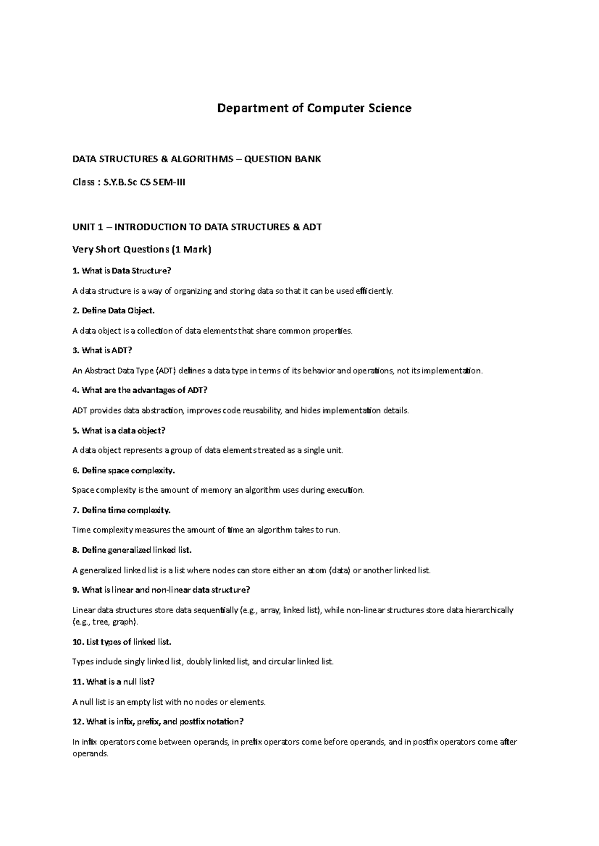 S.Y.B.Sc CS DSA UNIT 1 & 2 QUESTION BANK with Answers - Studocu