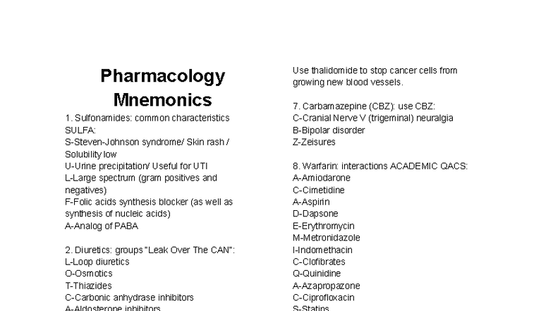 Pharmacology Mnemonics: Key Concepts and Drug Classifications - Studocu