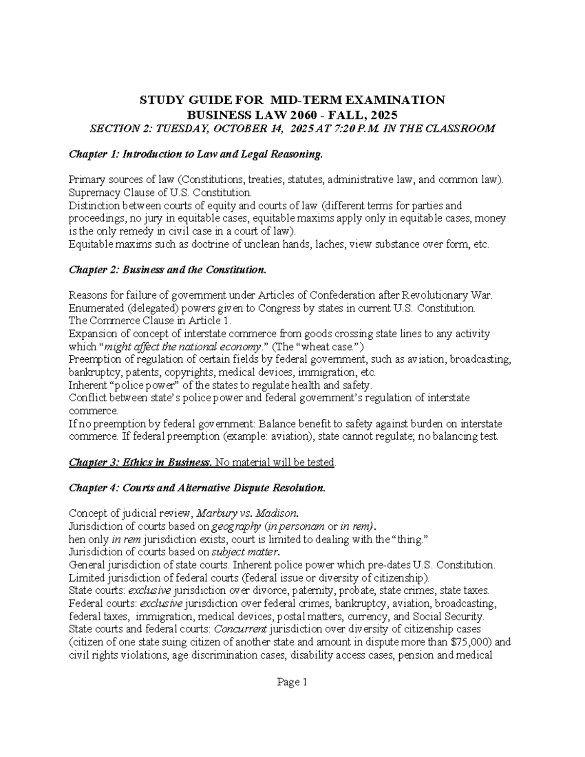 Study Guide for Business Law 2060 Mid-Term Exam - Fall 2025 - Studocu