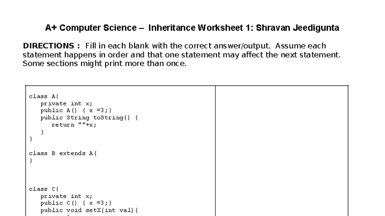 Inheritance and Polymorphism Worksheet #1 for A+ Computer Science - Studocu