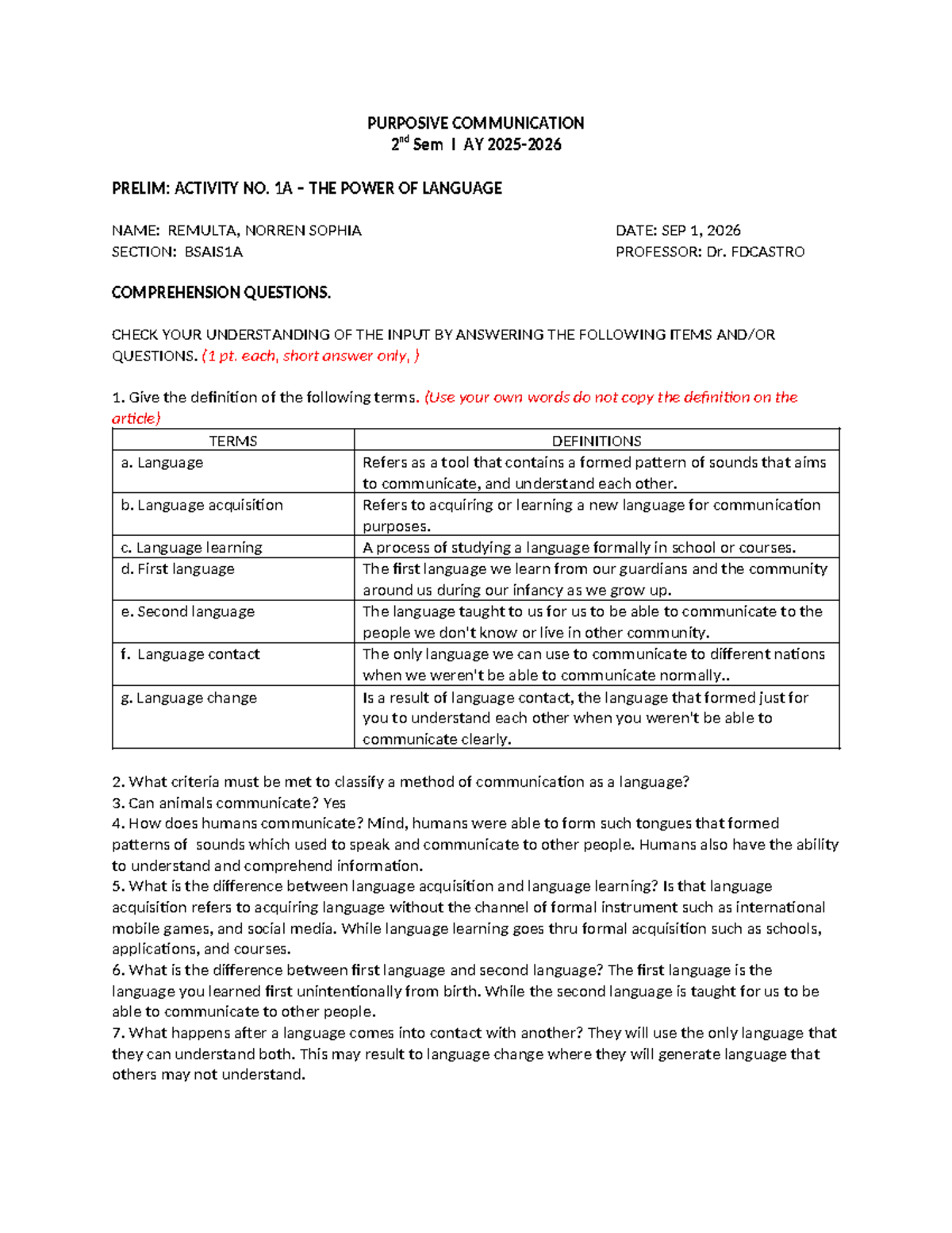 PURPOSIVE COMMUNICATION 2nd Sem I AY PRELIM: ACTIVITY NO. 1A - LANGUAGE ...